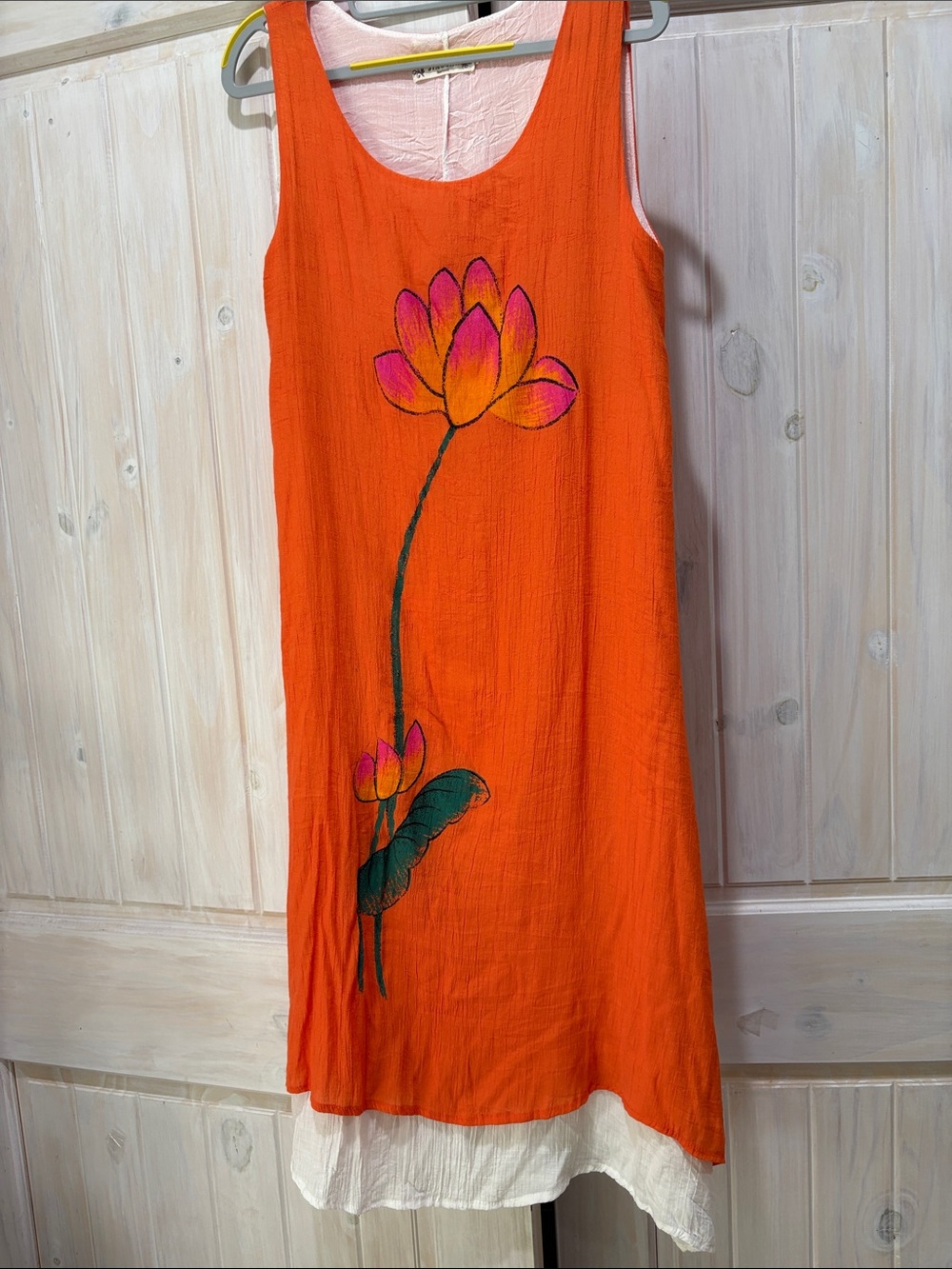 Orange Floral Sleeveless Midi Dress with Lotus Motif